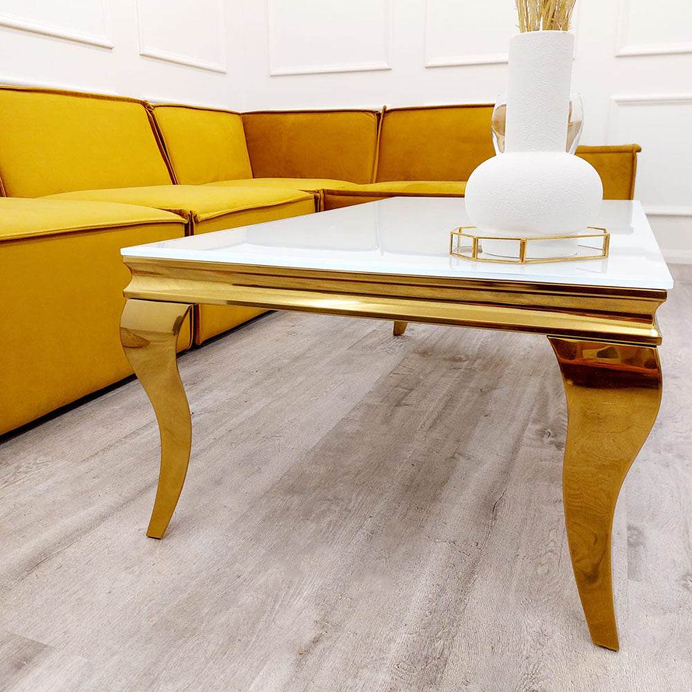 Elegant Louis Gold Coffee Table with Chic White Glass Top – Luxury Living Room Centrepiece - UK Luxury Furniture