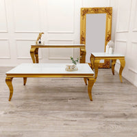 Elegant Louis Gold Coffee Table with Chic White Glass Top – Luxury Living Room Centrepiece - UK Luxury Furniture