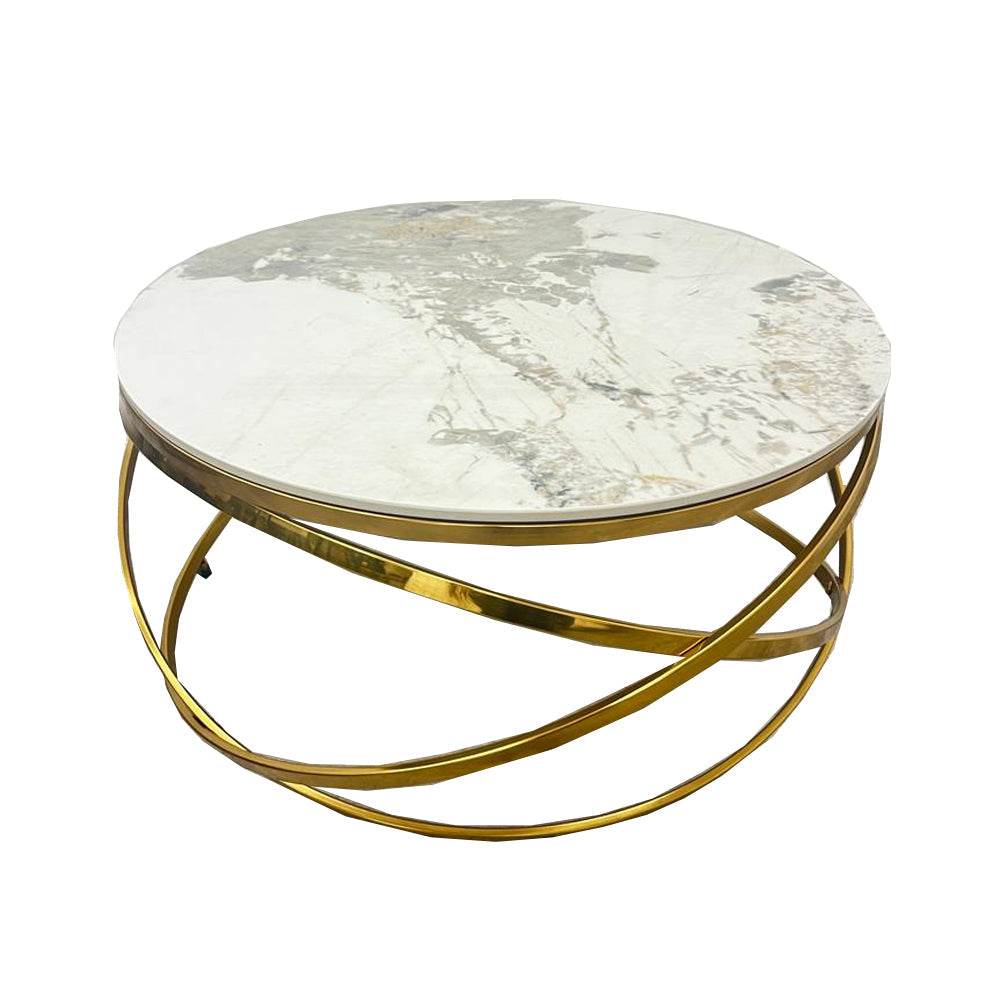 Elegant Spiro Round Coffee Table With Gold Metal Frame and Pandora Sintered Stone Top, 80cm - UK Luxury Furniture