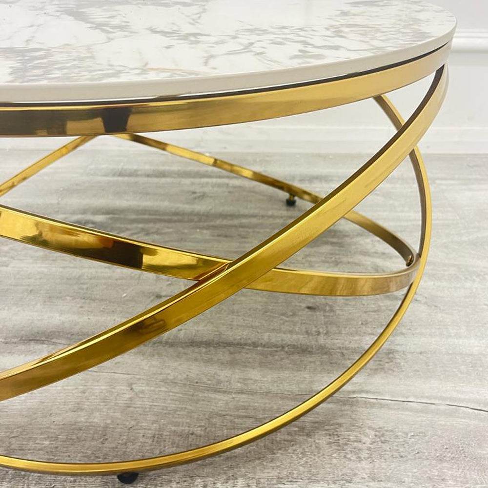 Elegant Spiro Round Coffee Table With Gold Metal Frame and Pandora Sintered Stone Top, 80cm - UK Luxury Furniture