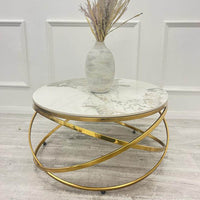Elegant Spiro Round Coffee Table With Gold Metal Frame and Pandora Sintered Stone Top, 80cm - UK Luxury Furniture