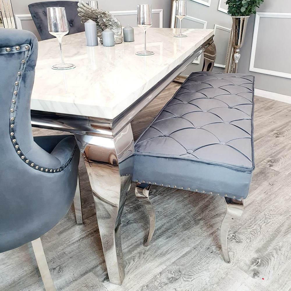 Luxurious Louis Dining Bench in Velvet or Faux Leather - Space Saving Design with Chrome Legs - UK Luxury Furniture