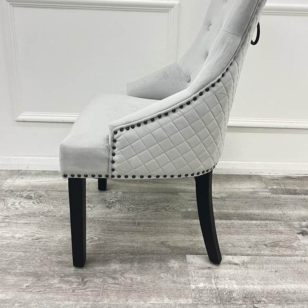 Bentley Black Leg Dining Chair - Light Grey Velvet, Quilted Back, Premium Black Wood Details - UK Luxury Furniture