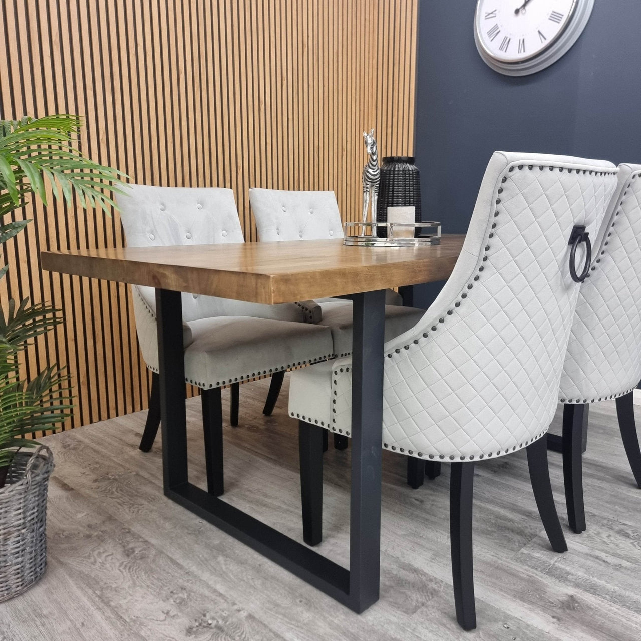 Bentley Black Leg Dining Chair - Light Grey Velvet, Quilted Back, Premium Black Wood Details - UK Luxury Furniture