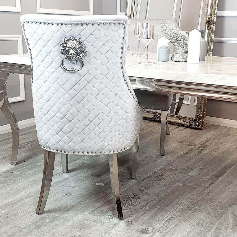 Bentley Velvet Dining Chair with Chrome Lion Knocker, Quilted Back & Studding Detail - UK Luxury Furniture