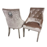 Bentley Velvet Dining Chair with Chrome Lion Knocker, Quilted Back & Studding Detail - UK Luxury Furniture