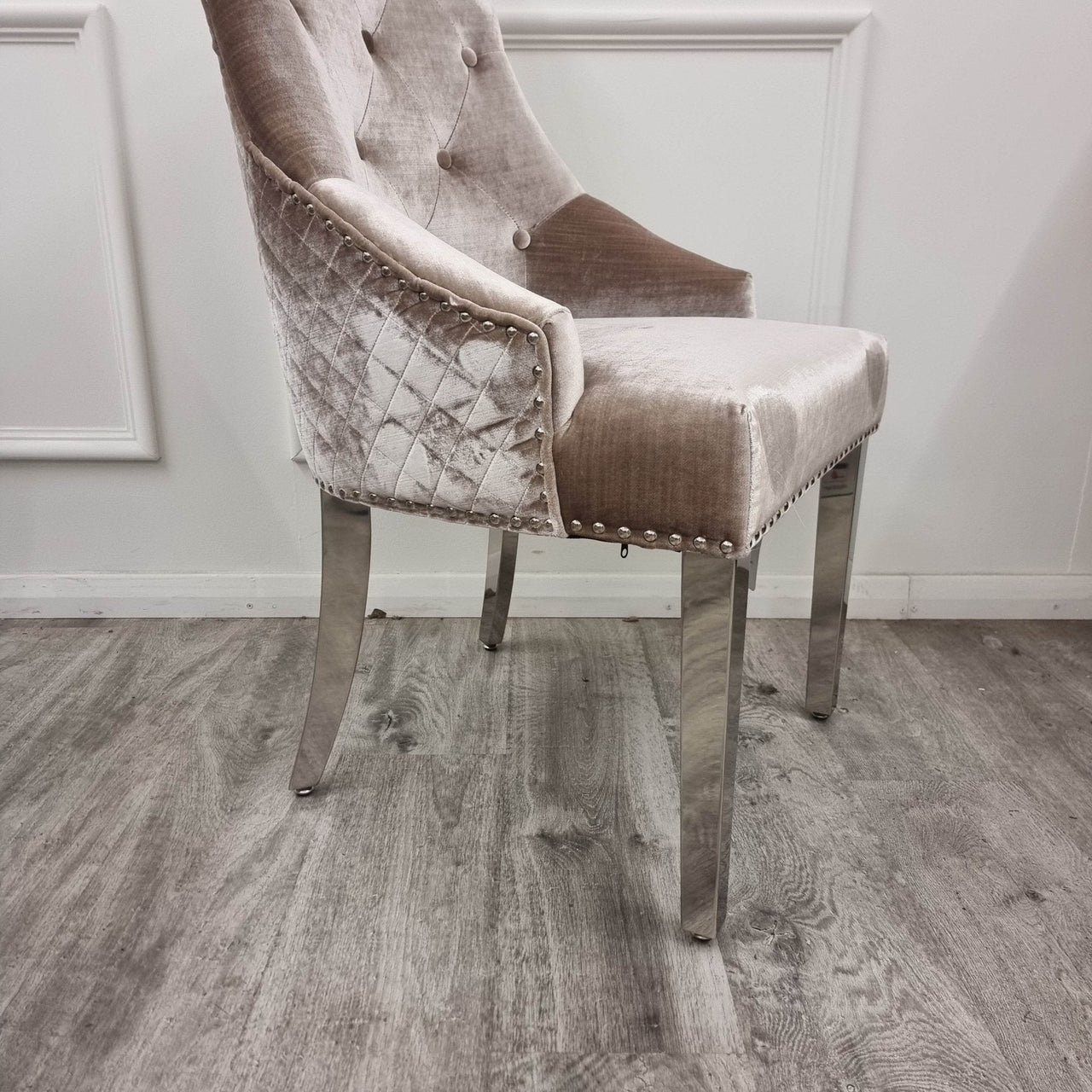 Bentley Velvet Dining Chair with Chrome Lion Knocker, Quilted Back & Studding Detail - UK Luxury Furniture