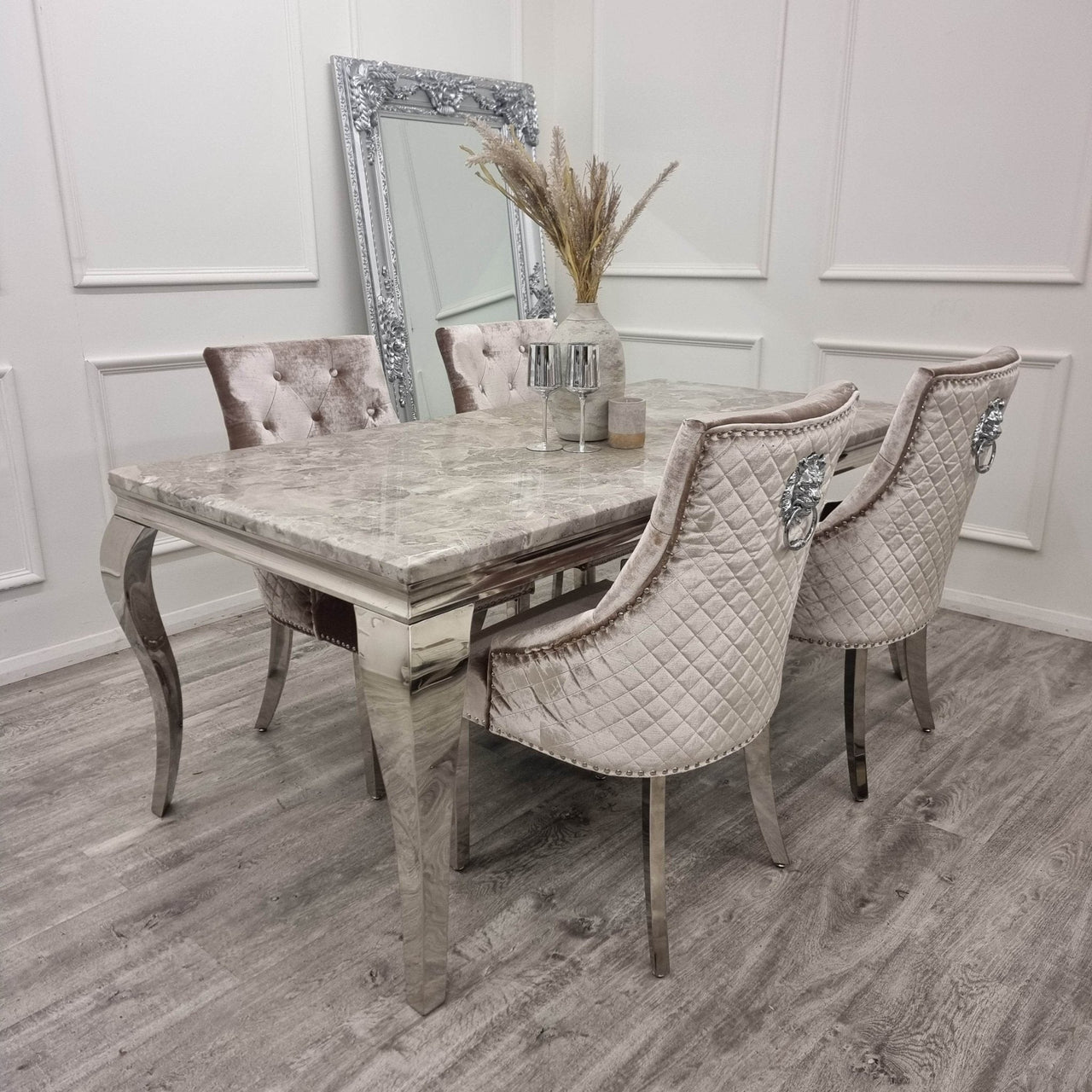 Bentley Velvet Dining Chair with Chrome Lion Knocker, Quilted Back & Studding Detail - UK Luxury Furniture