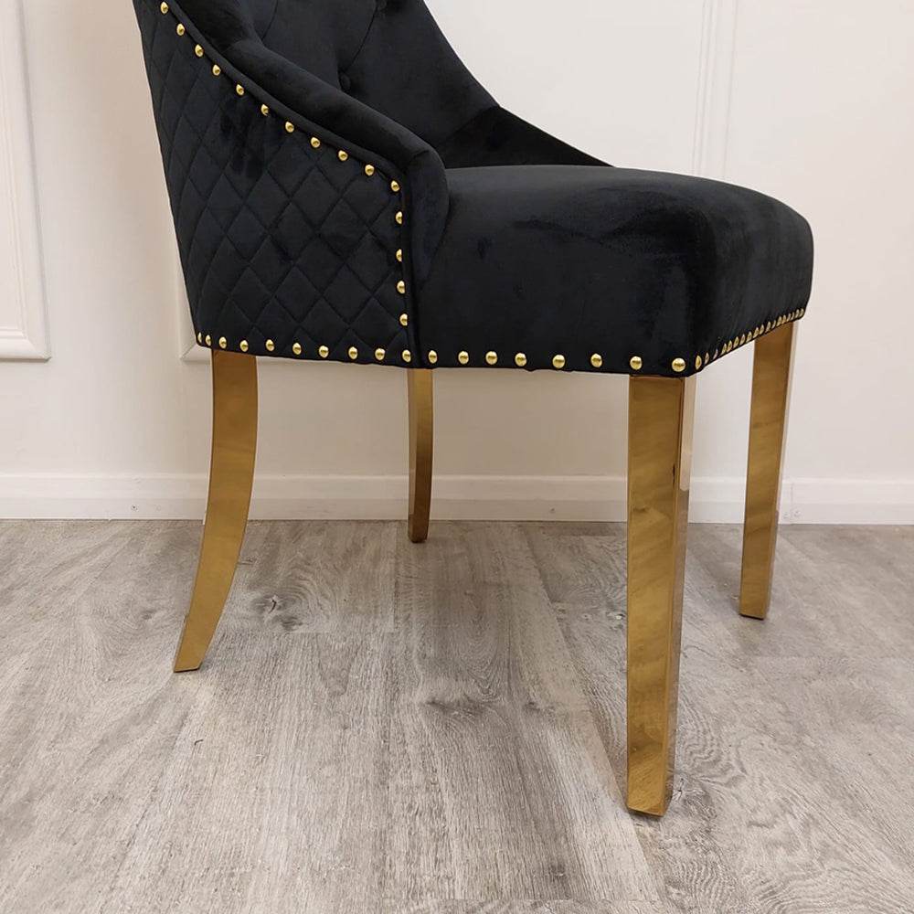 Bentley Gold Dining Chair With Velvet Upholstery, Lion Knocker & Studding Detailing - UK Luxury Furniture