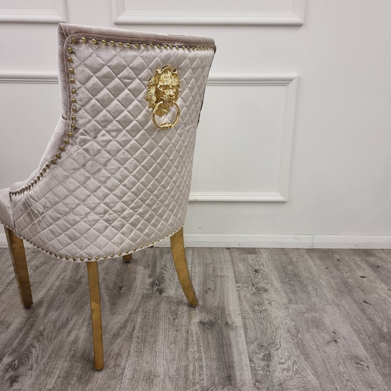 Bentley Gold Dining Chair With Velvet Upholstery, Lion Knocker & Studding Detailing - UK Luxury Furniture