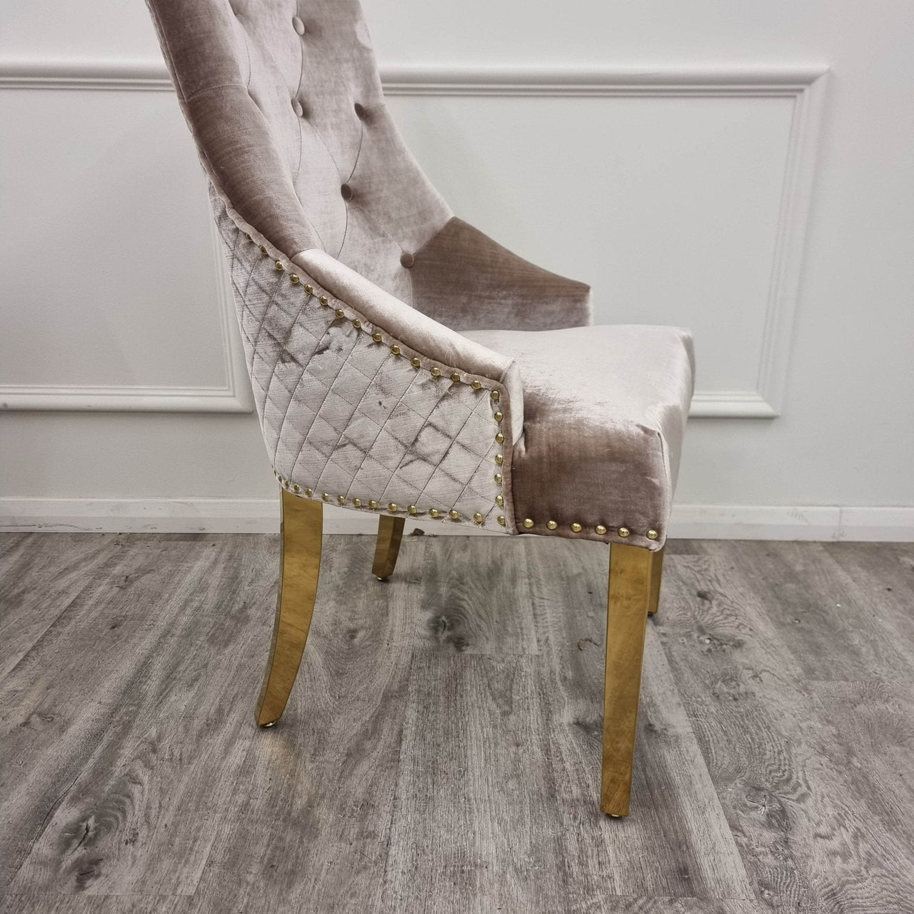 Bentley Gold Dining Chair With Velvet Upholstery, Lion Knocker & Studding Detailing - UK Luxury Furniture