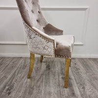 Bentley Gold Dining Chair With Velvet Upholstery, Lion Knocker & Studding Detailing - UK Luxury Furniture