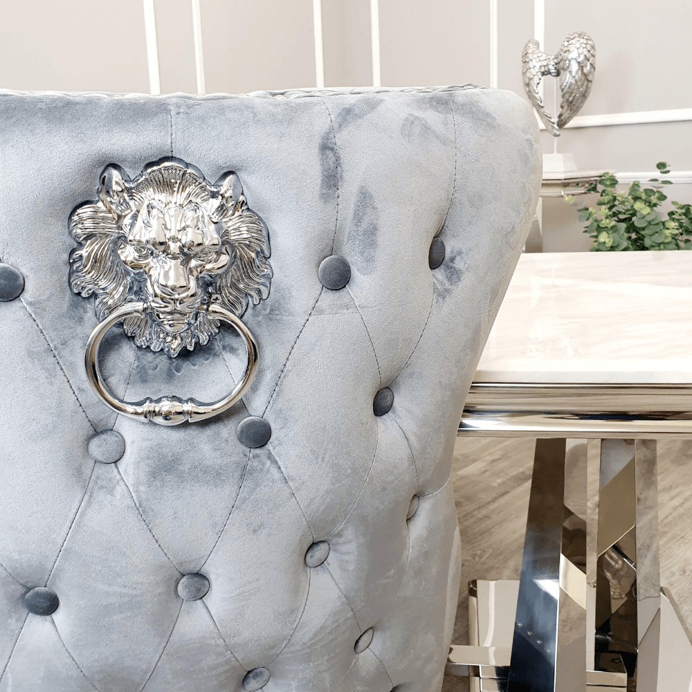 Luxury Chelsea Dining Chair with Lion Knocker, Buttoned Back, Velvet Finish, Multiple Colours - UK Luxury Furniture