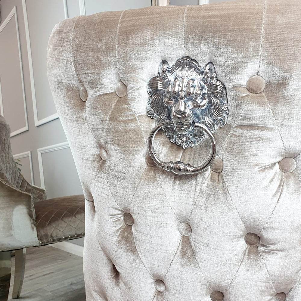 Luxury Chelsea Dining Chair with Lion Knocker, Buttoned Back, Velvet Finish, Multiple Colours - UK Luxury Furniture
