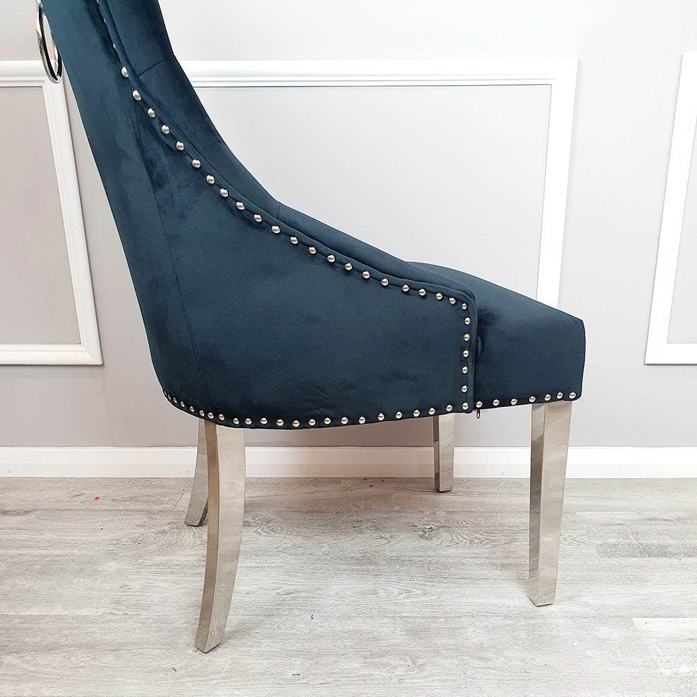 Duke Velvet Dining Chair With Chrome Knocker - Luxurious Design In 4 Colors, UK Fire Resistant - UK Luxury Furniture
