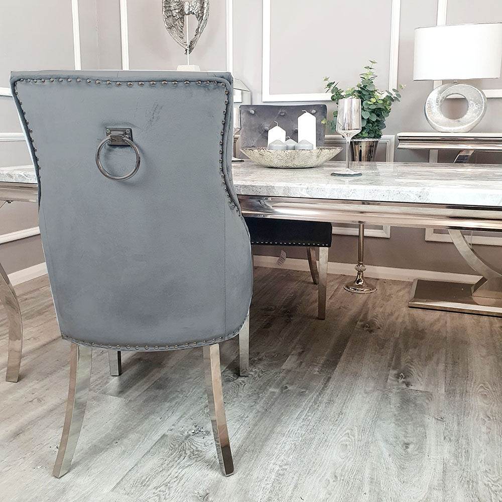 Duke Velvet Dining Chair With Chrome Knocker - Luxurious Design In 4 Colors, UK Fire Resistant - UK Luxury Furniture