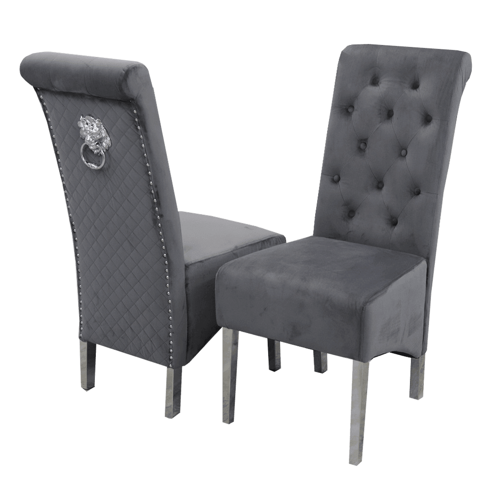 Emma Velvet Dining Chair With Chrome Lion Knocker, Buttoned Scroll Top, Quilted Back - UK Luxury Furniture