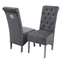 Emma Velvet Dining Chair With Chrome Lion Knocker, Buttoned Scroll Top, Quilted Back - UK Luxury Furniture