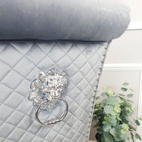 Emma Velvet Dining Chair With Chrome Lion Knocker, Buttoned Scroll Top, Quilted Back - UK Luxury Furniture