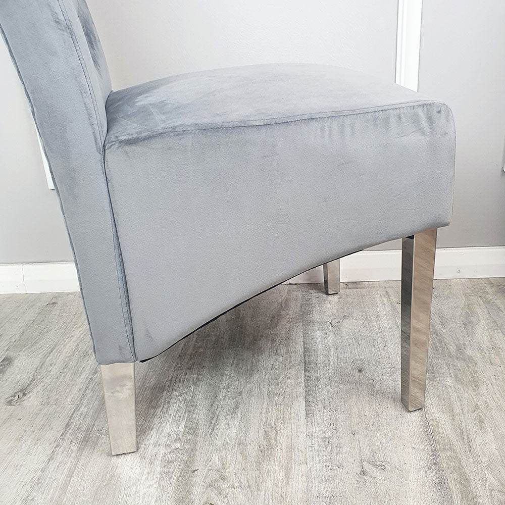 Emma Velvet Dining Chair With Chrome Lion Knocker, Buttoned Scroll Top, Quilted Back - UK Luxury Furniture