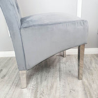 Emma Velvet Dining Chair With Chrome Lion Knocker, Buttoned Scroll Top, Quilted Back - UK Luxury Furniture