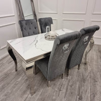 Emma Velvet Dining Chair With Chrome Lion Knocker, Buttoned Scroll Top, Quilted Back - UK Luxury Furniture