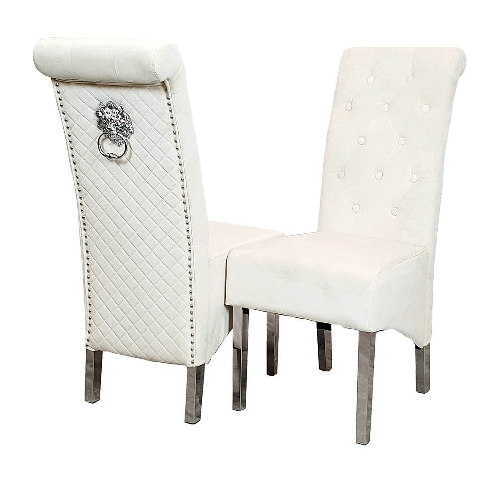 Emma Velvet Dining Chair With Chrome Lion Knocker, Buttoned Scroll Top, Quilted Back - UK Luxury Furniture