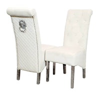 Emma Velvet Dining Chair With Chrome Lion Knocker, Buttoned Scroll Top, Quilted Back - UK Luxury Furniture