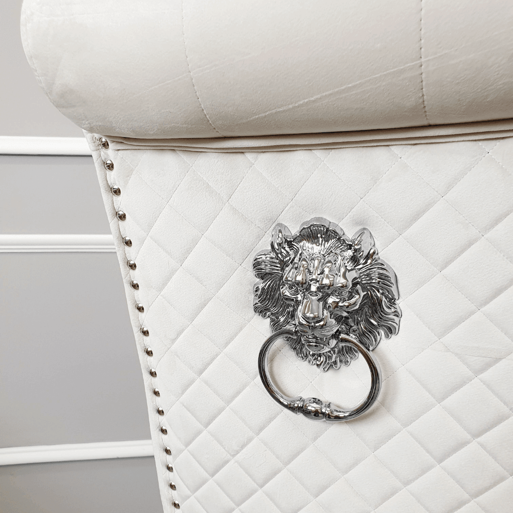 Emma Velvet Dining Chair With Chrome Lion Knocker, Buttoned Scroll Top, Quilted Back - UK Luxury Furniture