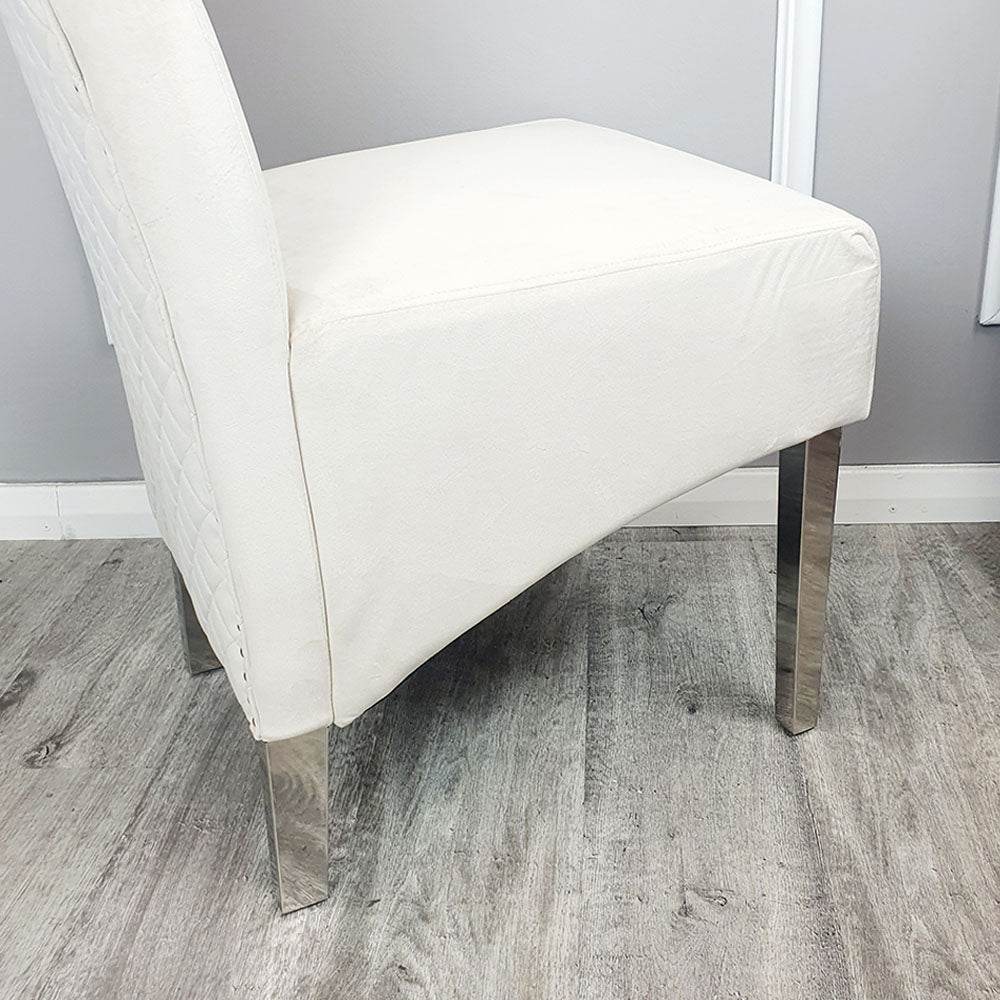 Emma Velvet Dining Chair With Chrome Lion Knocker, Buttoned Scroll Top, Quilted Back - UK Luxury Furniture