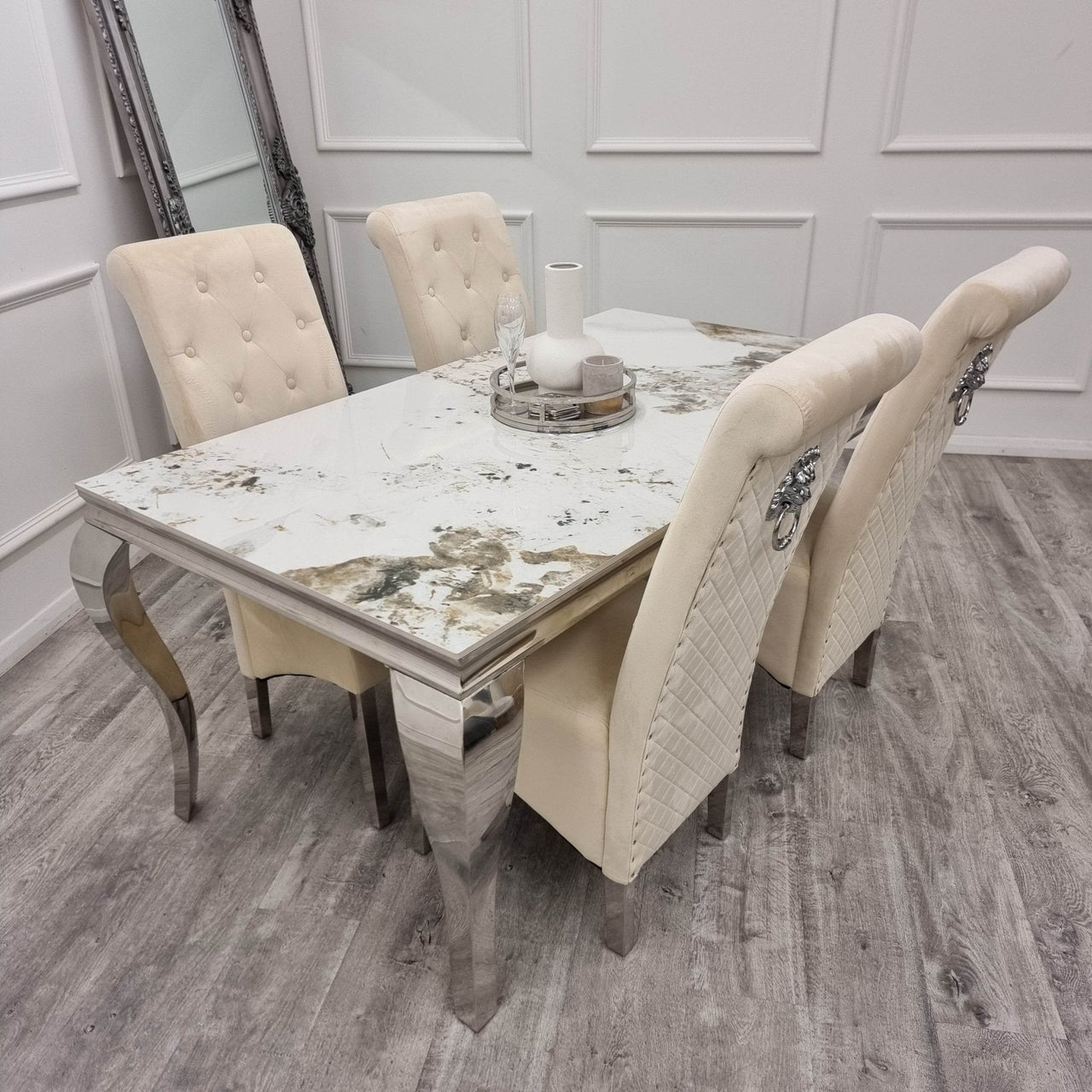 Emma Velvet Dining Chair With Chrome Lion Knocker, Buttoned Scroll Top, Quilted Back - UK Luxury Furniture