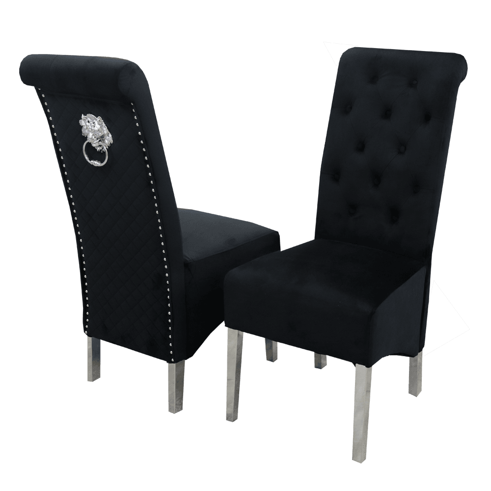 Emma Velvet Dining Chair With Chrome Lion Knocker, Buttoned Scroll Top, Quilted Back - UK Luxury Furniture