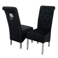 Emma Velvet Dining Chair With Chrome Lion Knocker, Buttoned Scroll Top, Quilted Back - UK Luxury Furniture