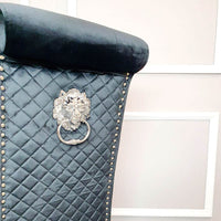 Emma Velvet Dining Chair With Chrome Lion Knocker, Buttoned Scroll Top, Quilted Back - UK Luxury Furniture