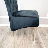 Emma Velvet Dining Chair With Chrome Lion Knocker, Buttoned Scroll Top, Quilted Back - UK Luxury Furniture