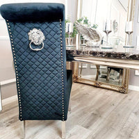 Emma Velvet Dining Chair With Chrome Lion Knocker, Buttoned Scroll Top, Quilted Back - UK Luxury Furniture