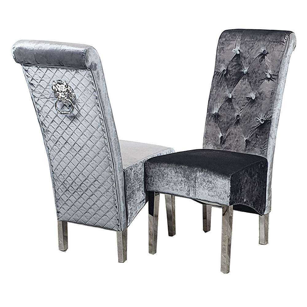 Emma Velvet Dining Chair With Chrome Lion Knocker, Buttoned Scroll Top, Quilted Back - UK Luxury Furniture
