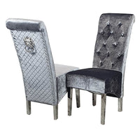 Emma Velvet Dining Chair With Chrome Lion Knocker, Buttoned Scroll Top, Quilted Back - UK Luxury Furniture