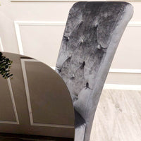 Emma Velvet Dining Chair With Chrome Lion Knocker, Buttoned Scroll Top, Quilted Back - UK Luxury Furniture