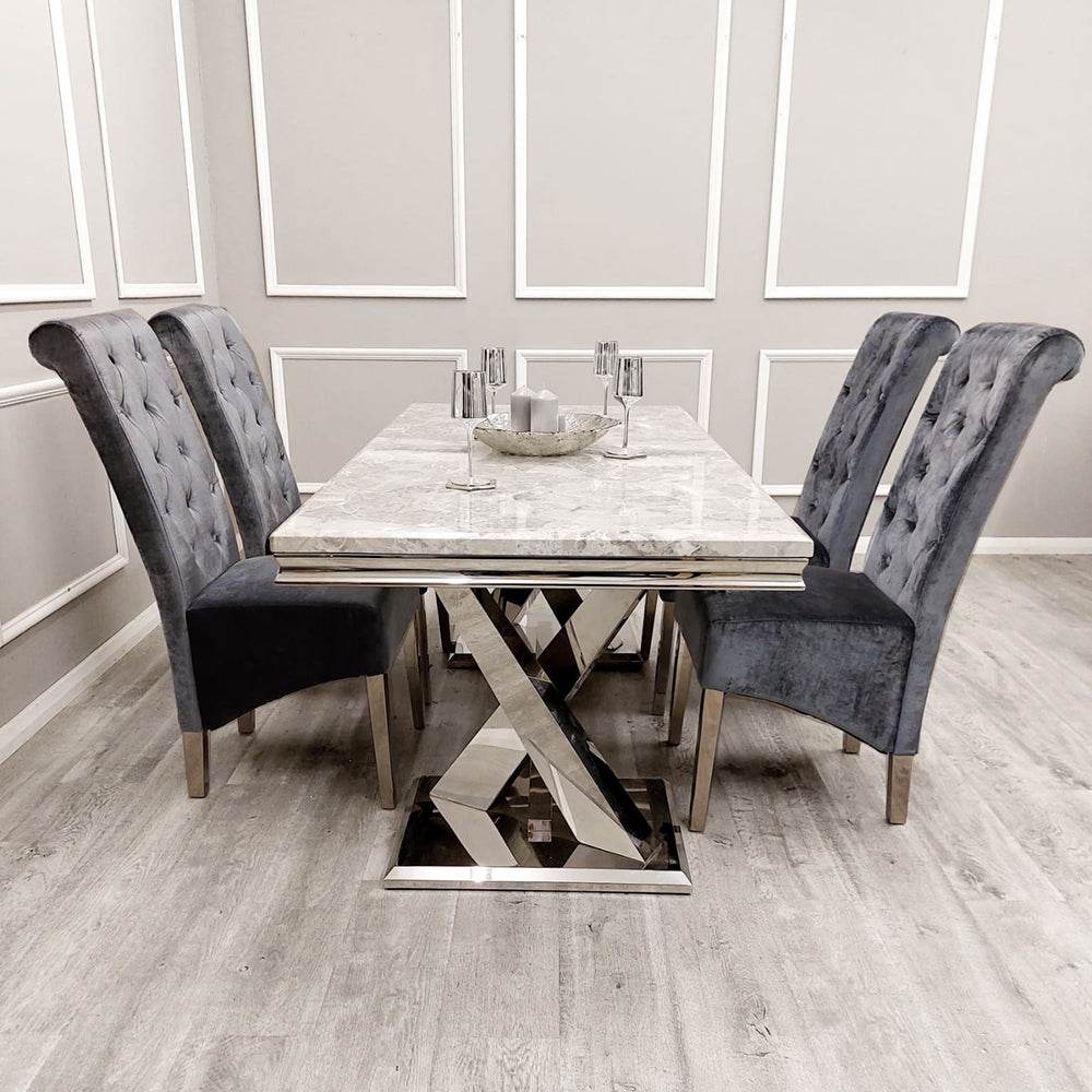 Emma Velvet Dining Chair With Chrome Lion Knocker, Buttoned Scroll Top, Quilted Back - UK Luxury Furniture