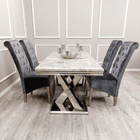 Emma Velvet Dining Chair With Chrome Lion Knocker, Buttoned Scroll Top, Quilted Back - UK Luxury Furniture