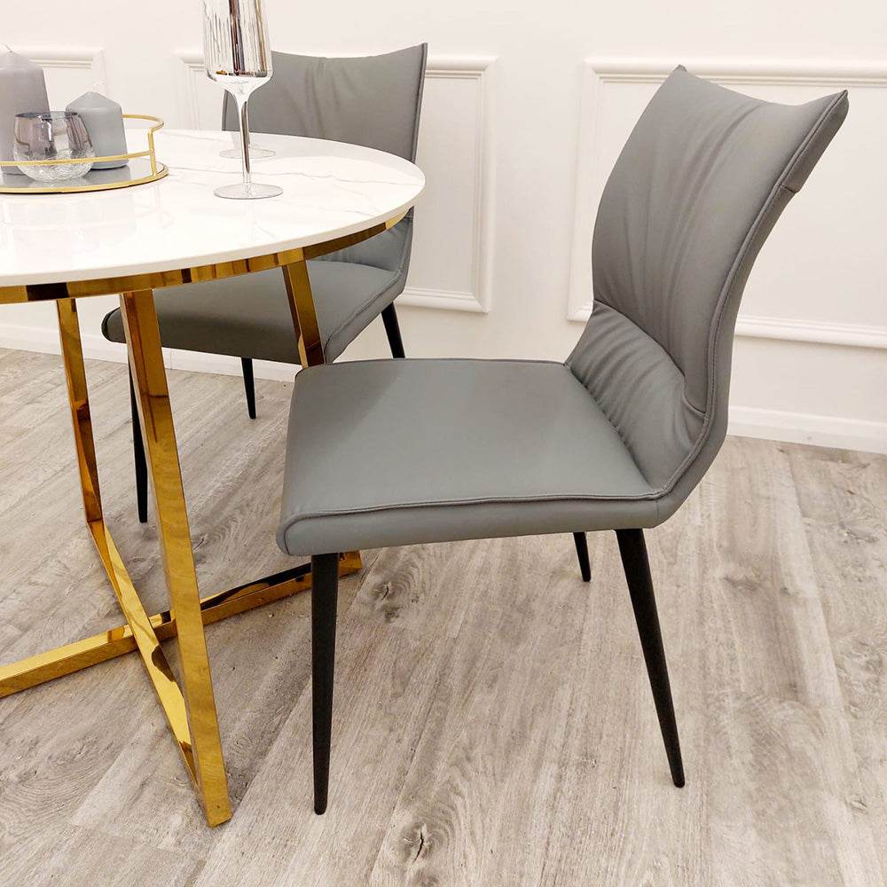 Flora Premium Leather Dining Chair with Ruched Design and Scandinavian Black Legs - Grey, Tan, Khaki Options - UK Luxury Furniture