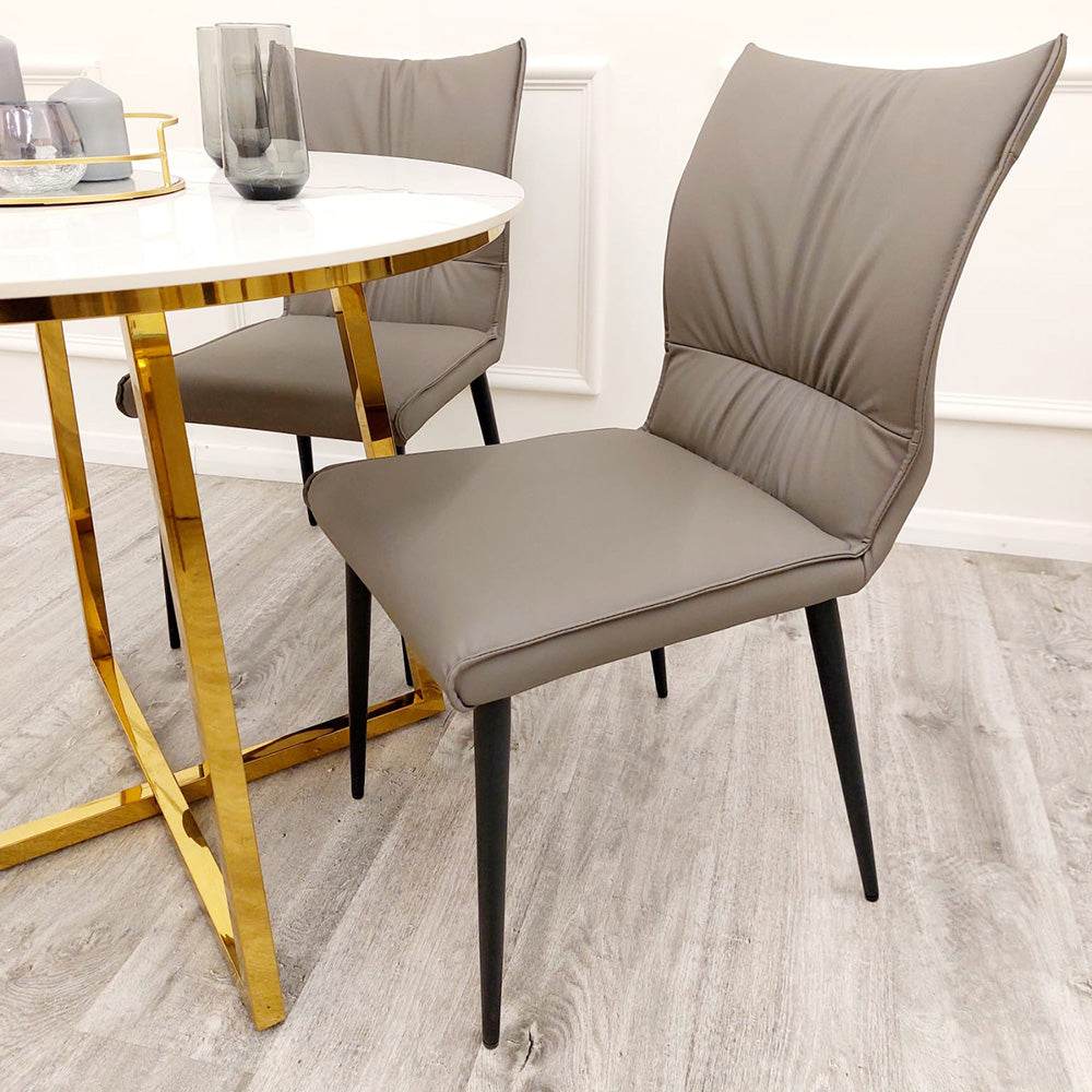 Flora Premium Leather Dining Chair with Ruched Design and Scandinavian Black Legs - Grey, Tan, Khaki Options - UK Luxury Furniture