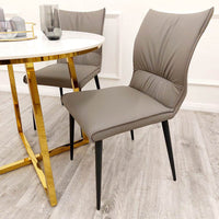 Flora Premium Leather Dining Chair with Ruched Design and Scandinavian Black Legs - Grey, Tan, Khaki Options - UK Luxury Furniture