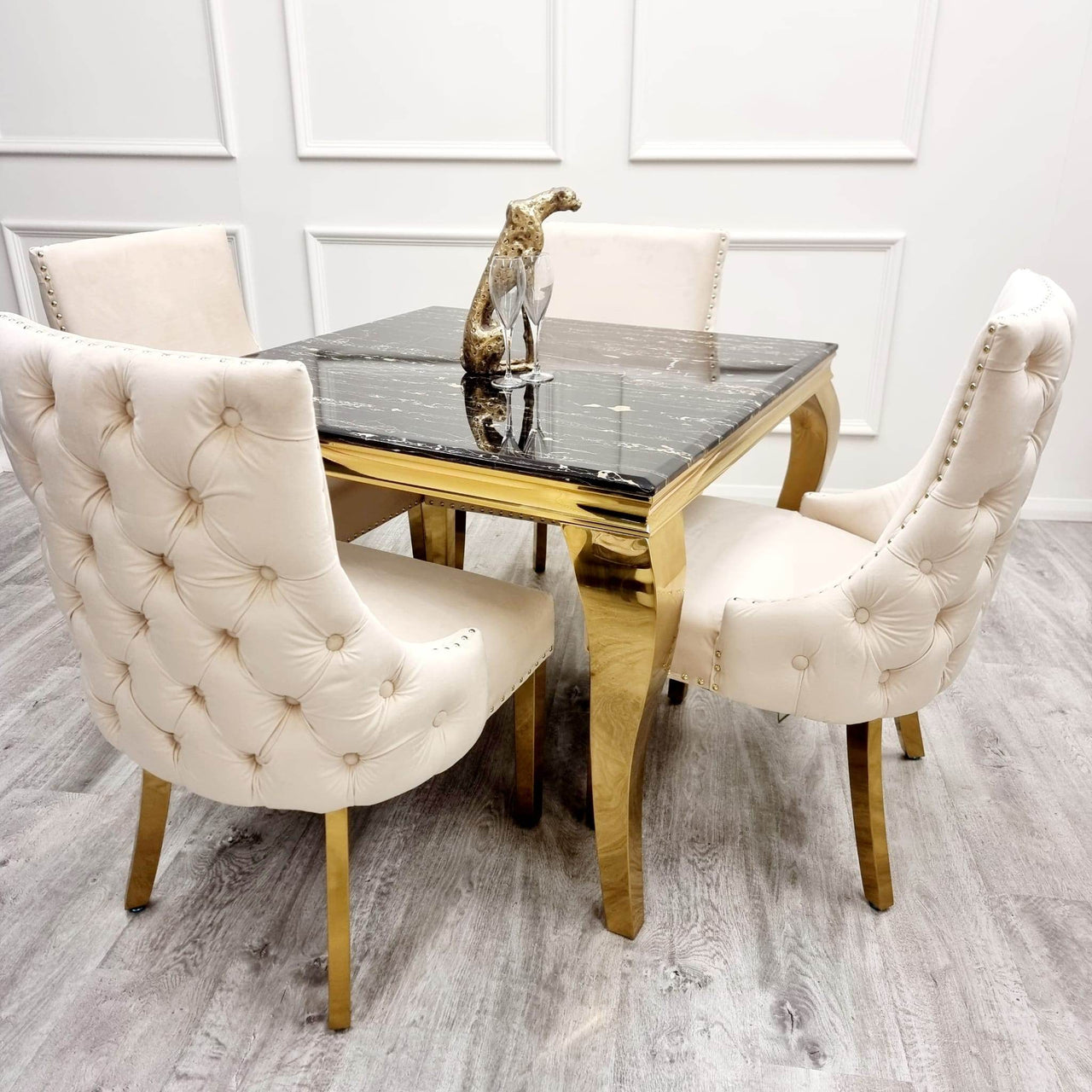 Kensington Cream Velvet Dining Chair with Gold Stud Detail and Luxurious Buttoned Back - UK Luxury Furniture
