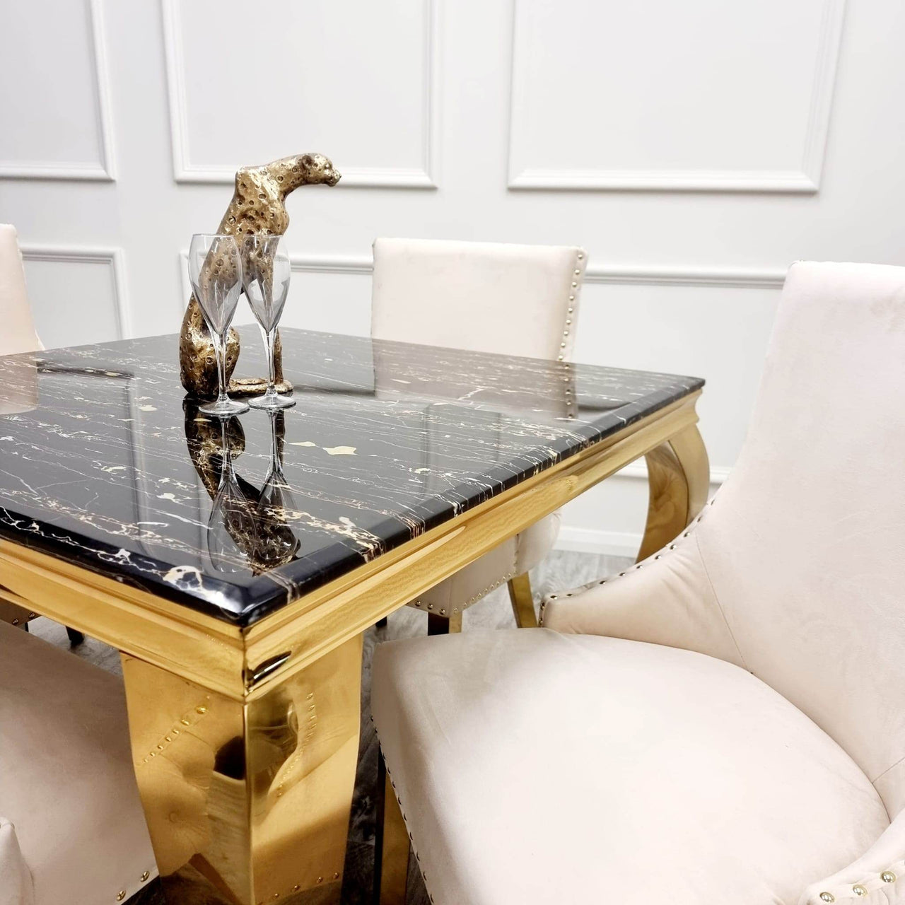Kensington Cream Velvet Dining Chair with Gold Stud Detail and Luxurious Buttoned Back - UK Luxury Furniture