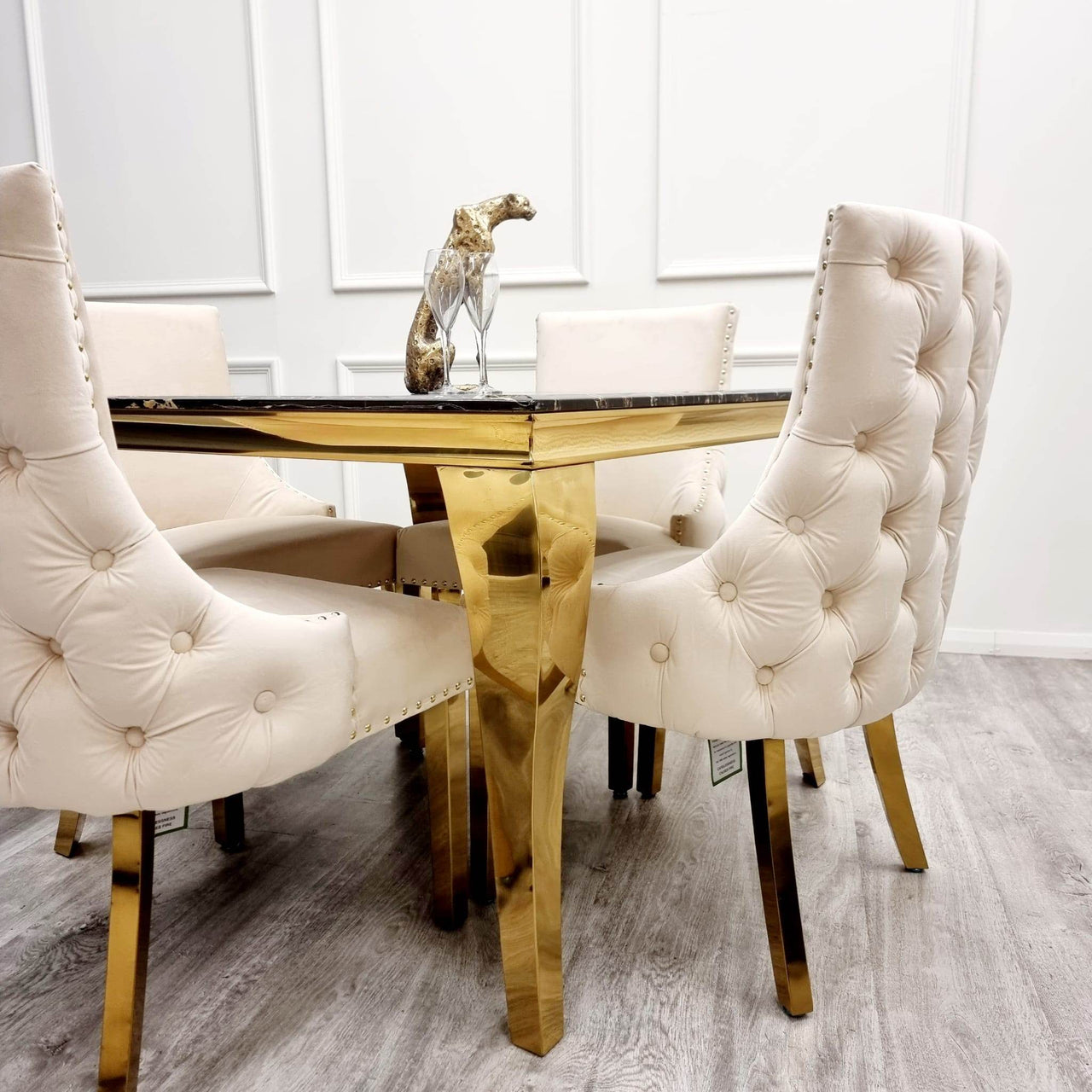 Kensington Cream Velvet Dining Chair with Gold Stud Detail and Luxurious Buttoned Back - UK Luxury Furniture