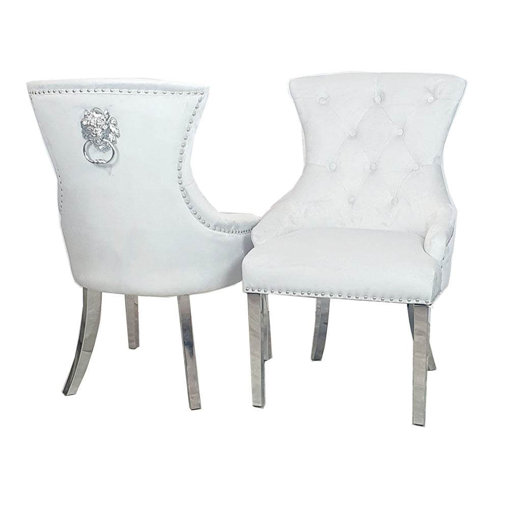 Megan Dining Chair with Lion Knocker - Plain Back Design, Leather & Velvet Options, Chrome Legs - UK Luxury Furniture