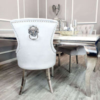Megan Dining Chair with Lion Knocker - Plain Back Design, Leather & Velvet Options, Chrome Legs - UK Luxury Furniture