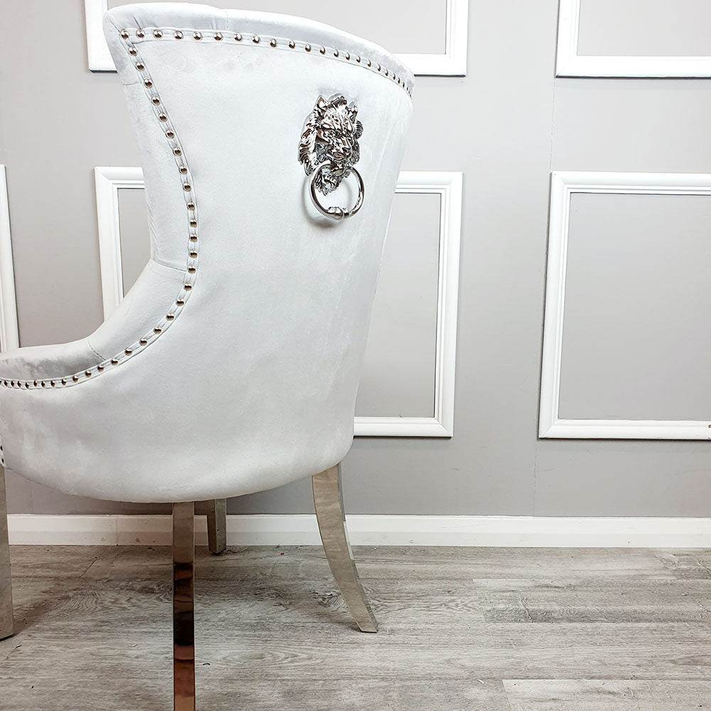 Megan Dining Chair with Lion Knocker - Plain Back Design, Leather & Velvet Options, Chrome Legs - UK Luxury Furniture